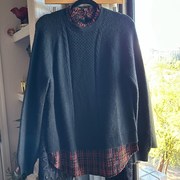 Loft Black red green gold Plaid Layered Mixed Media Cable Sweater keyhole size L - Picture 6 of 12